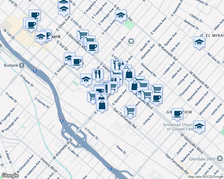map of restaurants, bars, coffee shops, grocery stores, and more near 2 East Alameda Avenue in Burbank