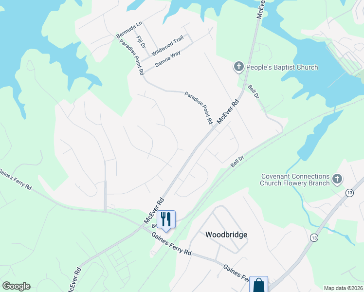 map of restaurants, bars, coffee shops, grocery stores, and more near 6293 Long Ridge Court in Flowery Branch
