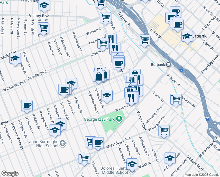 map of restaurants, bars, coffee shops, grocery stores, and more near 321 North Lomita Street in Burbank