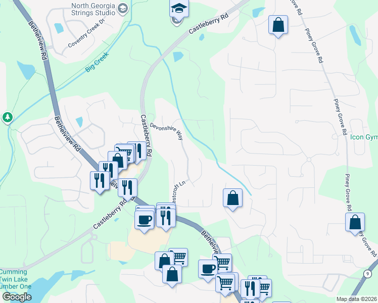 map of restaurants, bars, coffee shops, grocery stores, and more near 5695 Devonshire Way in Cumming