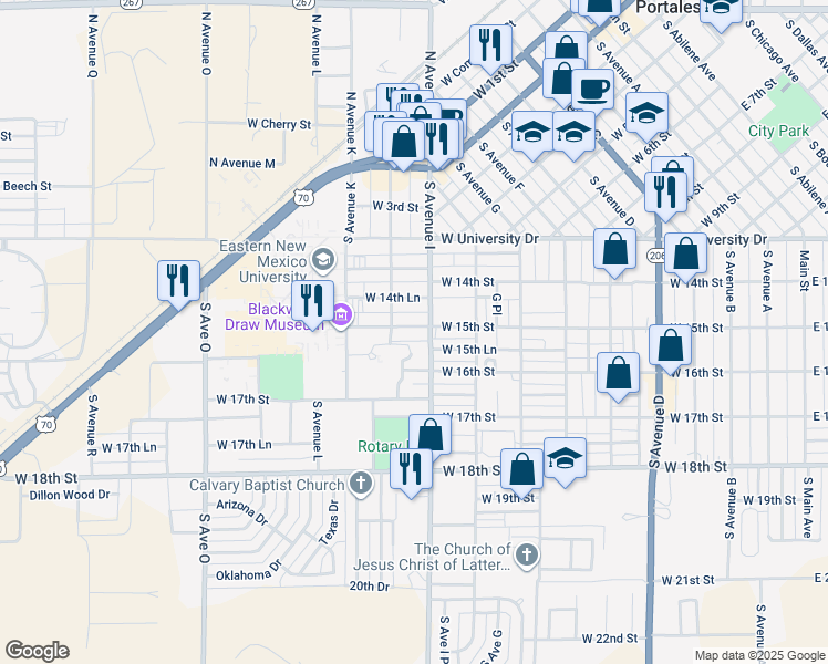 map of restaurants, bars, coffee shops, grocery stores, and more near 1023 West 15th Street in Portales