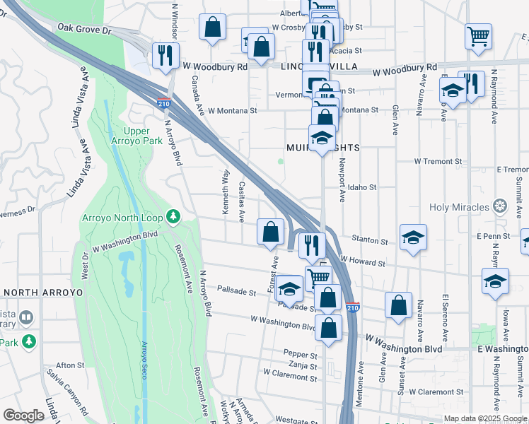 map of restaurants, bars, coffee shops, grocery stores, and more near 1686 Kenilworth Avenue in Pasadena