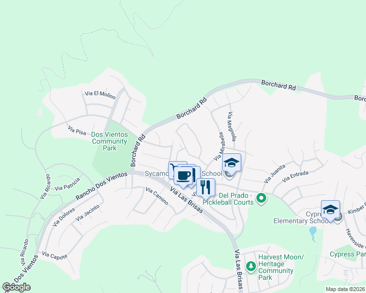 map of restaurants, bars, coffee shops, grocery stores, and more near 203 Via Antonio in Thousand Oaks
