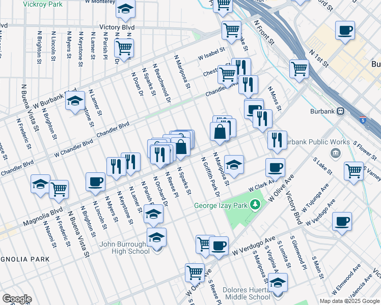 map of restaurants, bars, coffee shops, grocery stores, and more near 516 North Beachwood Drive in Burbank