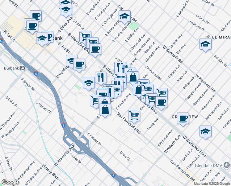 map of restaurants, bars, coffee shops, grocery stores, and more near 301 East Alameda Avenue in Burbank
