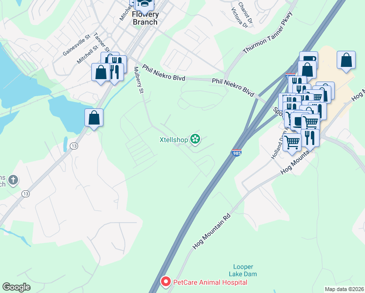 map of restaurants, bars, coffee shops, grocery stores, and more near 5802 Bridgeport Court in Flowery Branch