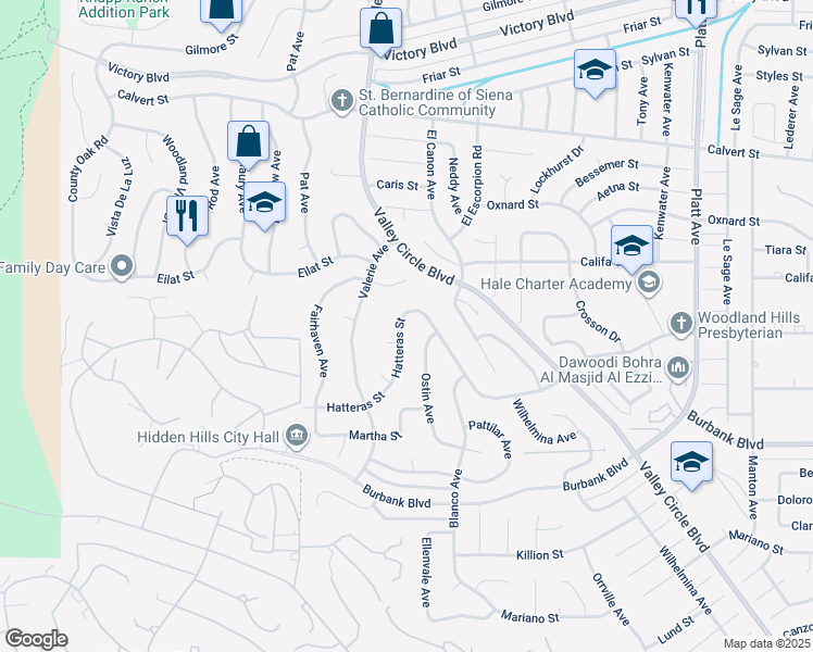 map of restaurants, bars, coffee shops, grocery stores, and more near 24272 Hatteras Street in Los Angeles