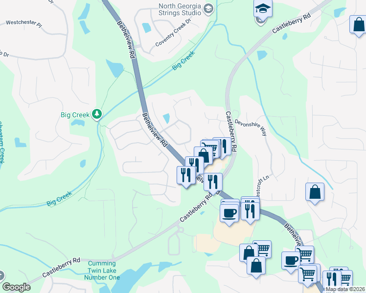 map of restaurants, bars, coffee shops, grocery stores, and more near 5510 Bryce Valley in Cumming