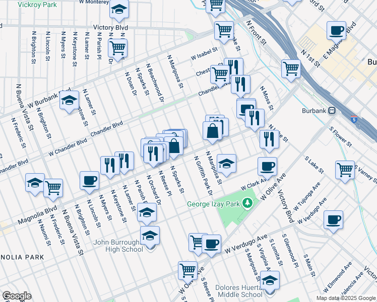 map of restaurants, bars, coffee shops, grocery stores, and more near 516 North Beachwood Drive in Burbank