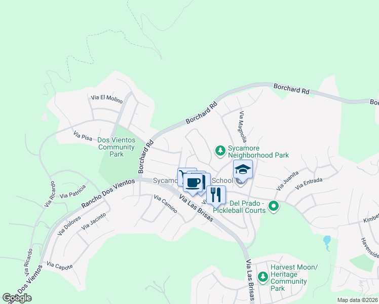 map of restaurants, bars, coffee shops, grocery stores, and more near 138 Via Katrina in Thousand Oaks