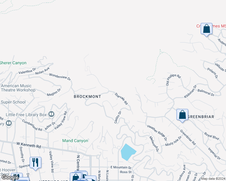 map of restaurants, bars, coffee shops, grocery stores, and more near 1990 Starvale Road in Glendale