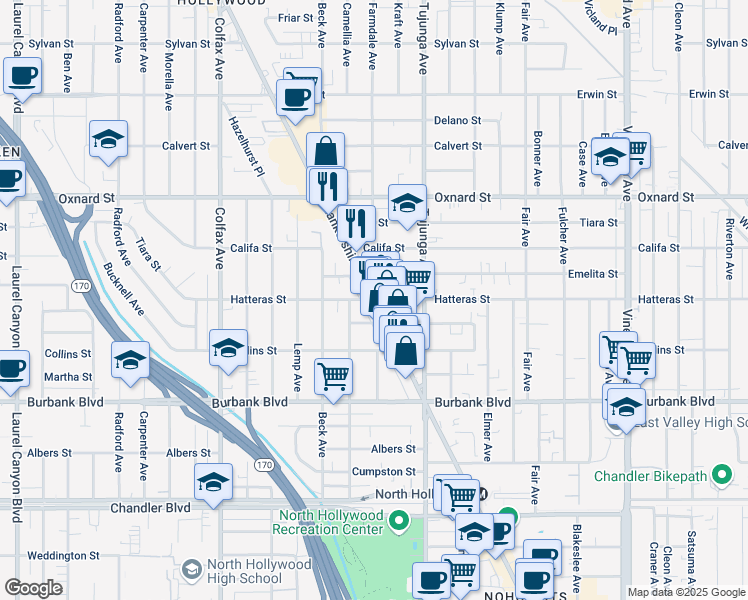 map of restaurants, bars, coffee shops, grocery stores, and more near Lankershim Blvd & Hatteras St in Los Angeles