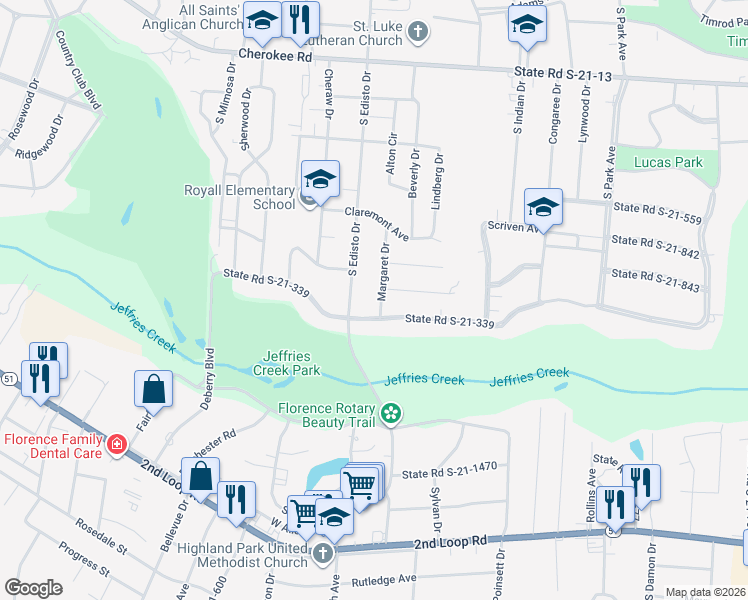map of restaurants, bars, coffee shops, grocery stores, and more near 1214 State Road S-21-865 in Florence