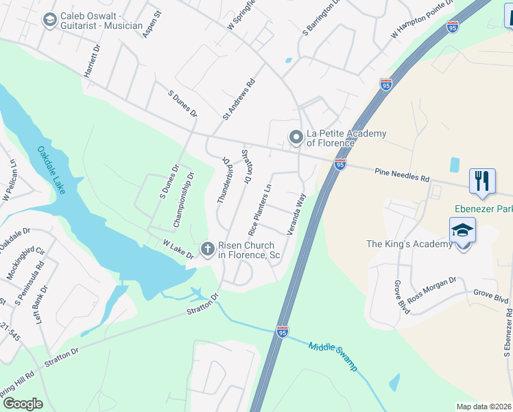 map of restaurants, bars, coffee shops, grocery stores, and more near 937 Rice Planters Lane in Florence