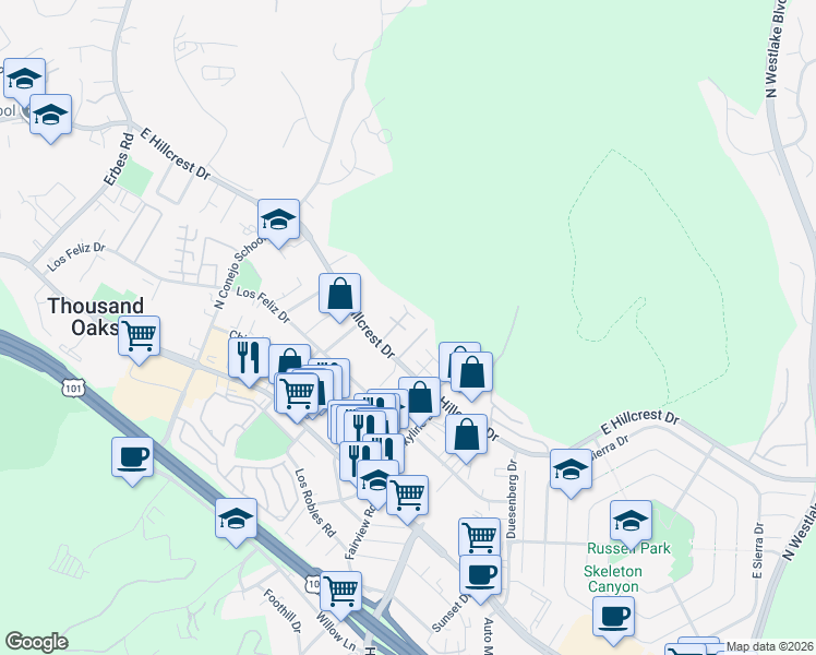 map of restaurants, bars, coffee shops, grocery stores, and more near 378 Westlake Vista Lane in Thousand Oaks