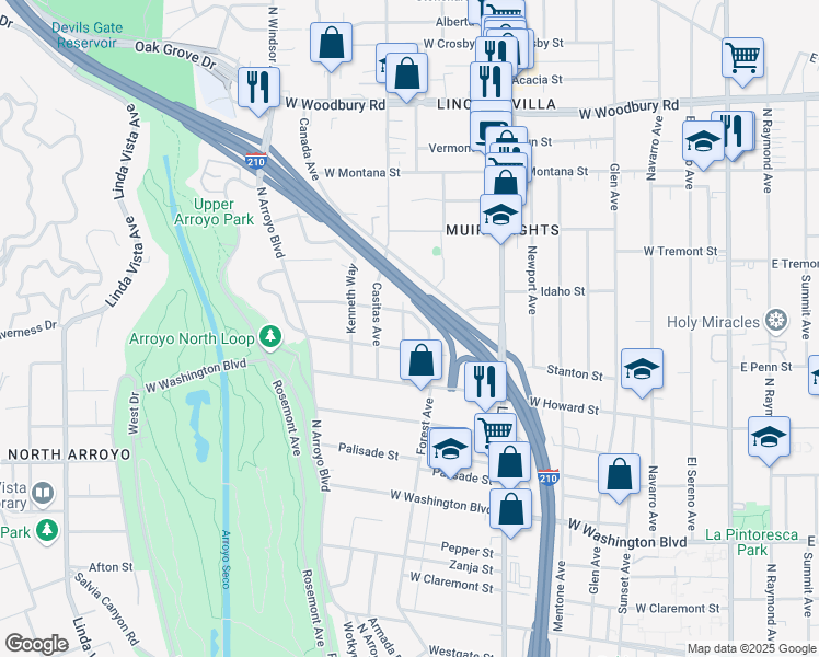 map of restaurants, bars, coffee shops, grocery stores, and more near 1686 Kenilworth Avenue in Pasadena