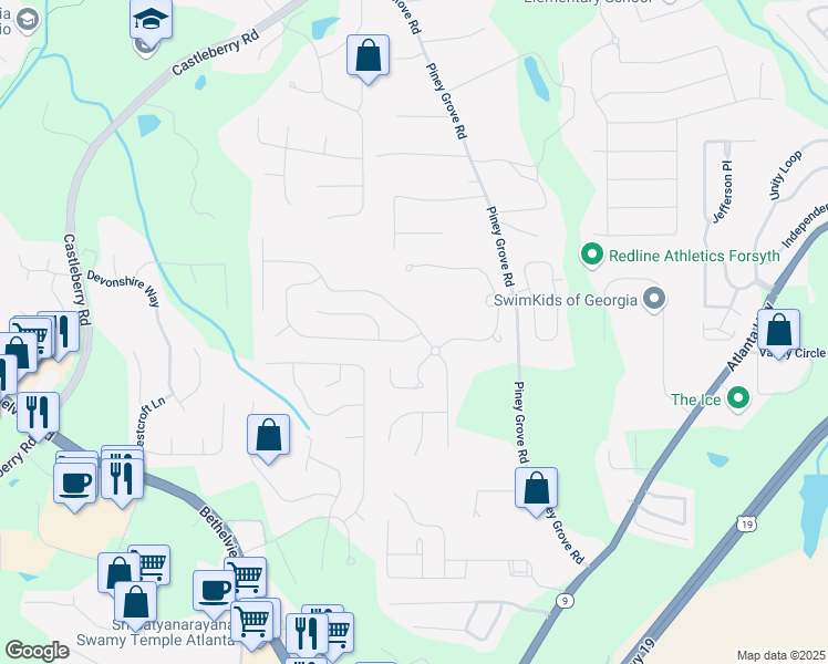 map of restaurants, bars, coffee shops, grocery stores, and more near 5510 Weddington Drive in Cumming
