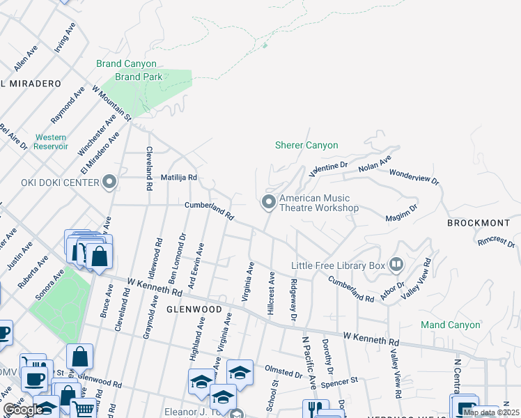 map of restaurants, bars, coffee shops, grocery stores, and more near 614 Robin Glen Drive in Glendale