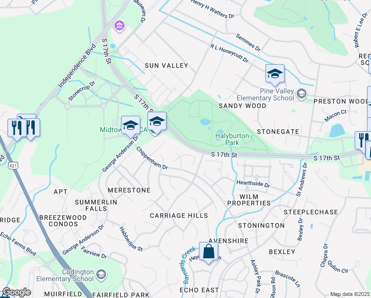 map of restaurants, bars, coffee shops, grocery stores, and more near 3709 New Colony Drive in Wilmington