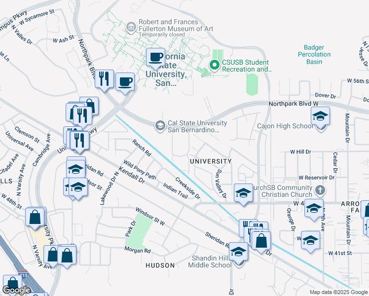 map of restaurants, bars, coffee shops, grocery stores, and more near 1505 Northpark Boulevard West in San Bernardino