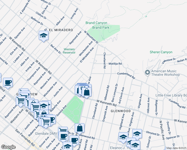 map of restaurants, bars, coffee shops, grocery stores, and more near 1616 Grandview Avenue in Glendale