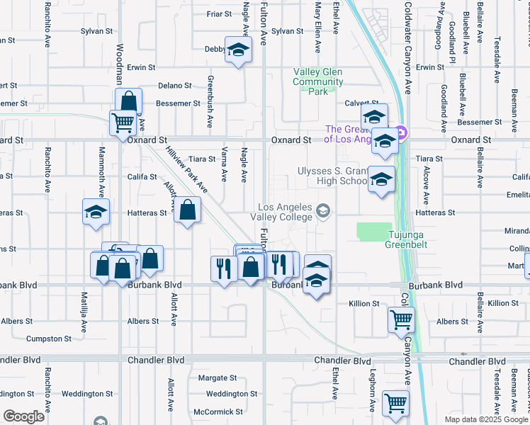 map of restaurants, bars, coffee shops, grocery stores, and more near 5800 Fulton Avenue in Los Angeles