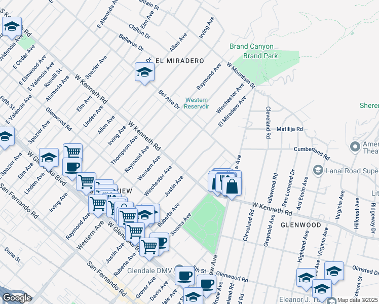 map of restaurants, bars, coffee shops, grocery stores, and more near 1336 Winchester Avenue in Glendale