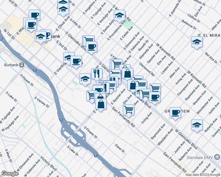 map of restaurants, bars, coffee shops, grocery stores, and more near 301 West Alameda Avenue in Burbank