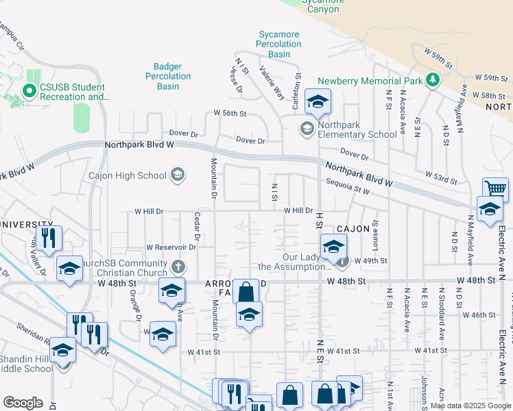 map of restaurants, bars, coffee shops, grocery stores, and more near 1005 Sunbrook Drive in San Bernardino