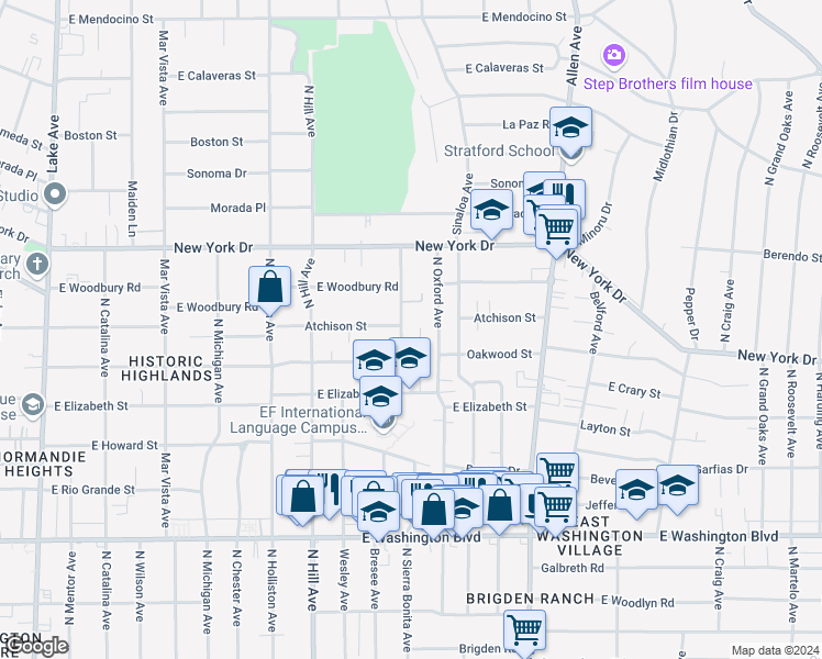 map of restaurants, bars, coffee shops, grocery stores, and more near 1736 North Sierra Bonita Avenue in Pasadena