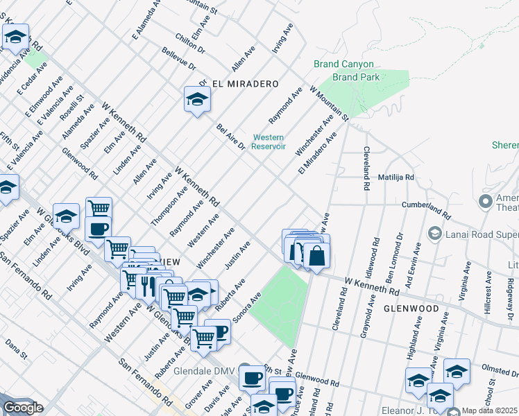 map of restaurants, bars, coffee shops, grocery stores, and more near 1336 Winchester Avenue in Glendale