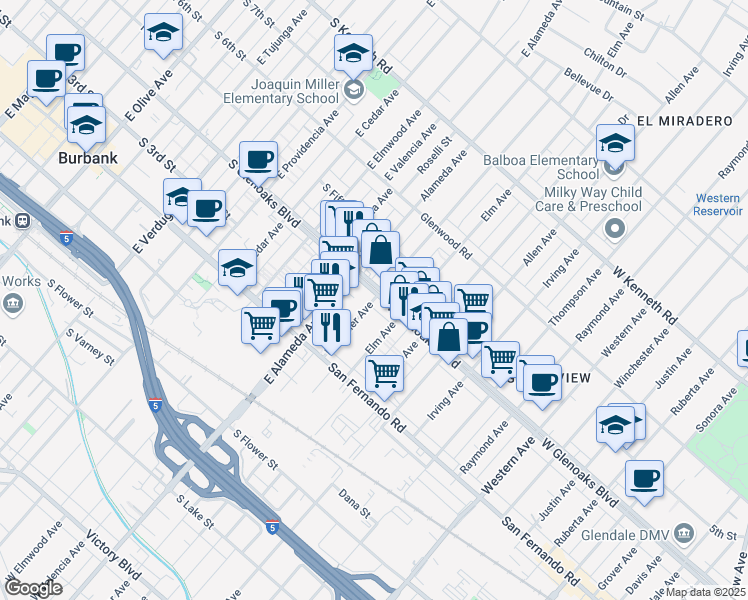 map of restaurants, bars, coffee shops, grocery stores, and more near 2021 West Glenoaks Boulevard in Glendale