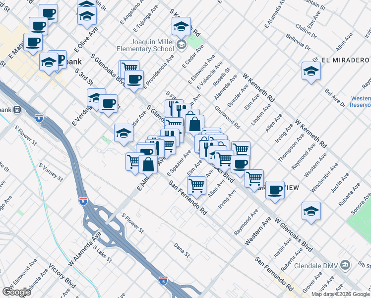 map of restaurants, bars, coffee shops, grocery stores, and more near 1001 South Glenoaks Boulevard in Burbank
