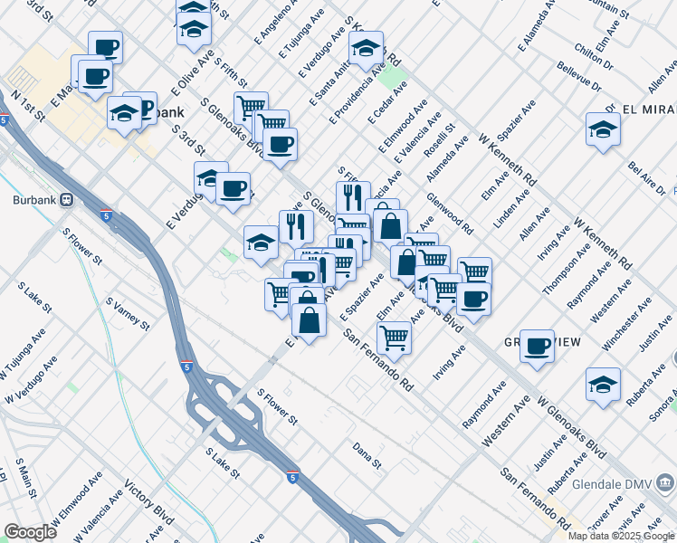 map of restaurants, bars, coffee shops, grocery stores, and more near 303 East Alameda Avenue in Burbank