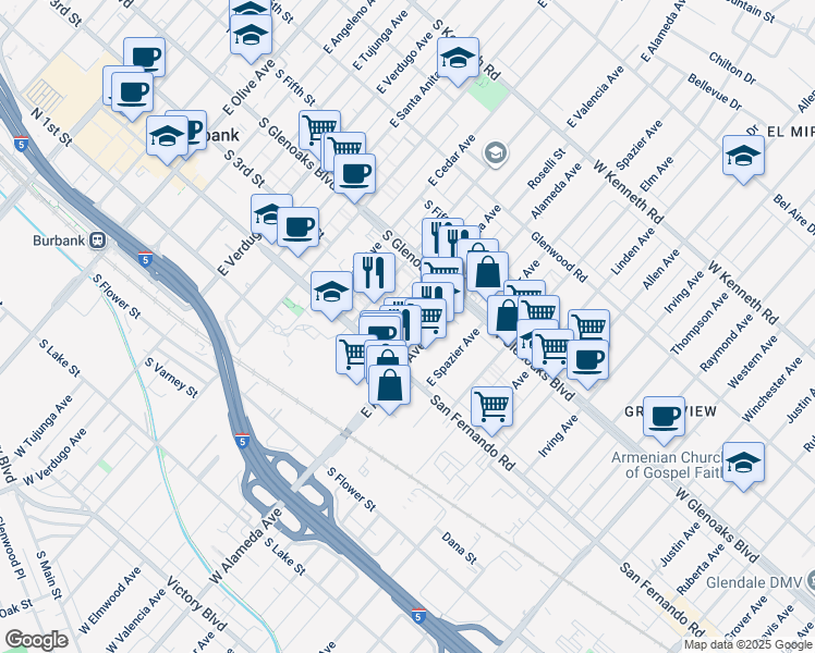 map of restaurants, bars, coffee shops, grocery stores, and more near 303 East Alameda Avenue in Burbank