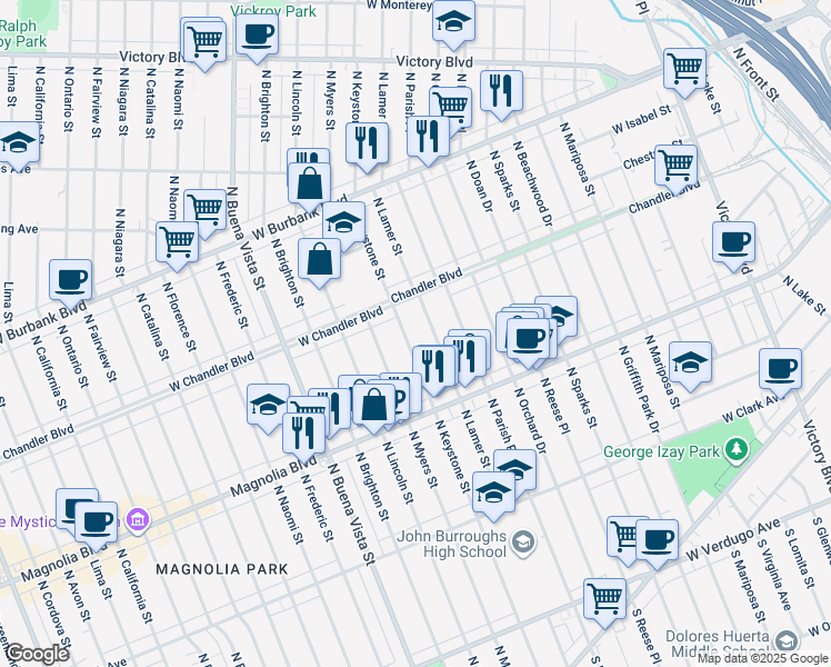 map of restaurants, bars, coffee shops, grocery stores, and more near 825 North Keystone Street in Burbank