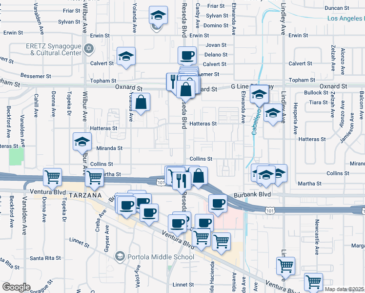 map of restaurants, bars, coffee shops, grocery stores, and more near 5825 Reseda Boulevard in Los Angeles