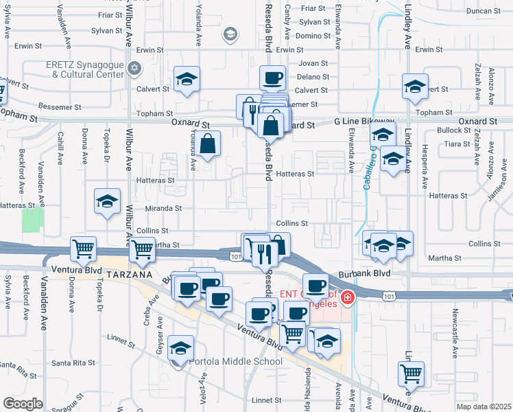 map of restaurants, bars, coffee shops, grocery stores, and more near 18550 Hatteras Street in Los Angeles