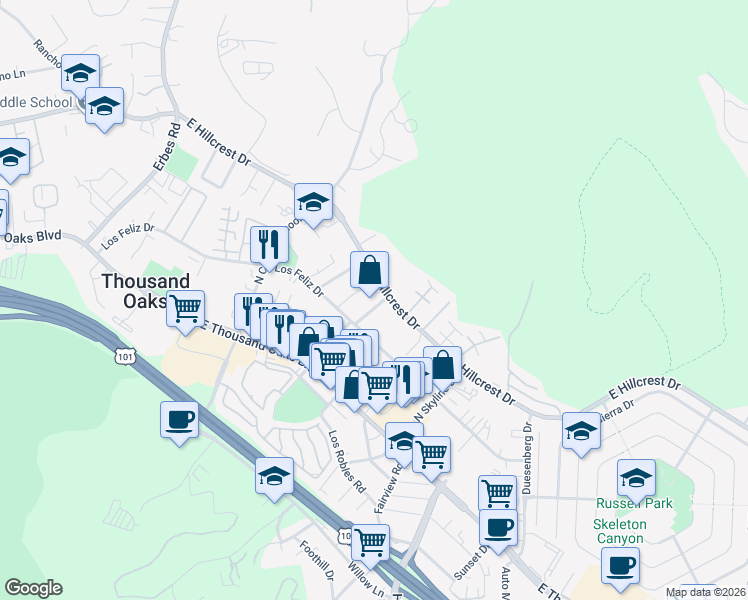 map of restaurants, bars, coffee shops, grocery stores, and more near 2502 East Hillcrest Drive in Thousand Oaks