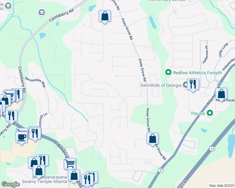 map of restaurants, bars, coffee shops, grocery stores, and more near 5510 Weddington Drive in Cumming