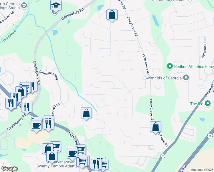 map of restaurants, bars, coffee shops, grocery stores, and more near 5780 Weddington Drive in Cumming