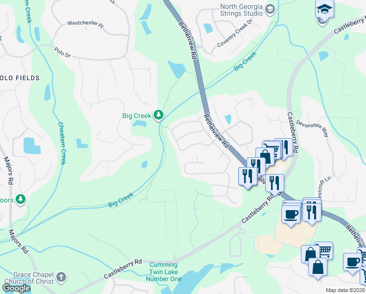 map of restaurants, bars, coffee shops, grocery stores, and more near 5610 Beaver Ridge Drive in Cumming