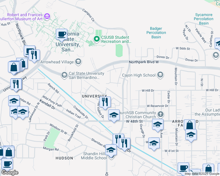 map of restaurants, bars, coffee shops, grocery stores, and more near 1394 West Reservoir Drive in San Bernardino