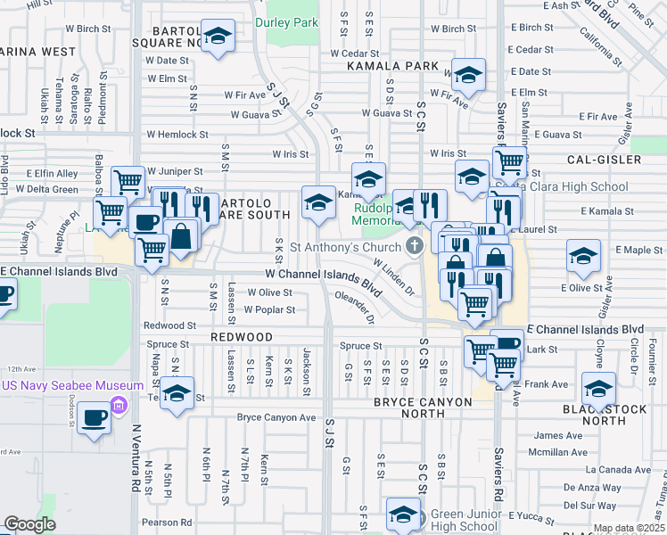 map of restaurants, bars, coffee shops, grocery stores, and more near 731 West Channel Islands Boulevard in Oxnard
