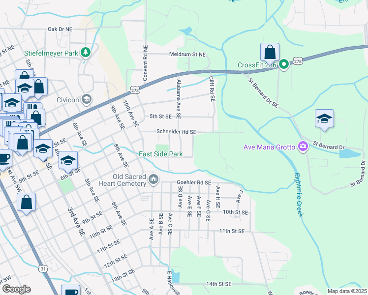 map of restaurants, bars, coffee shops, grocery stores, and more near 613 Alabama Avenue Southeast in Cullman