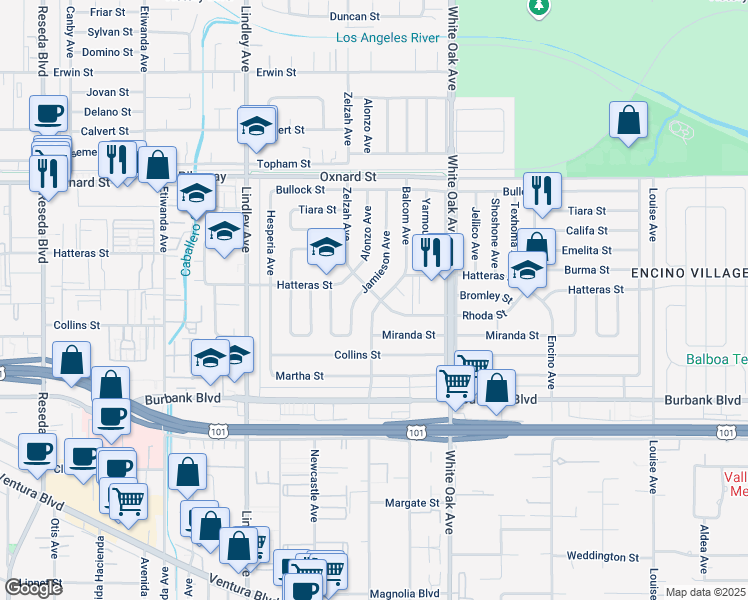 map of restaurants, bars, coffee shops, grocery stores, and more near 5755 Jamieson Avenue in Los Angeles