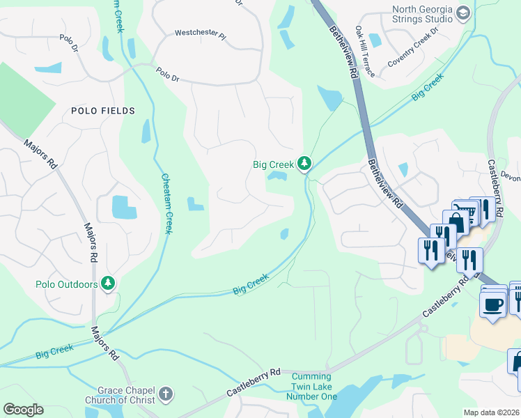 map of restaurants, bars, coffee shops, grocery stores, and more near 6830 Sunbriar Drive in Cumming
