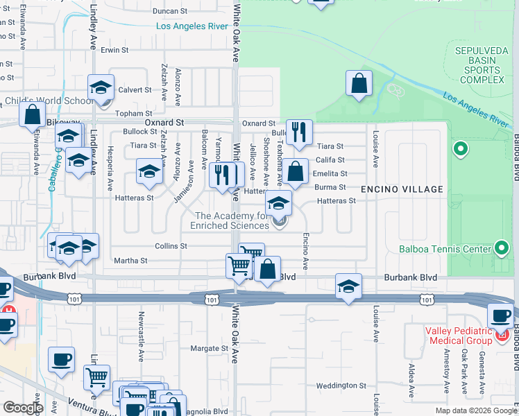 map of restaurants, bars, coffee shops, grocery stores, and more near 17614 Bromley Street in Los Angeles