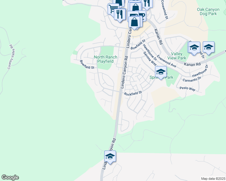 map of restaurants, bars, coffee shops, grocery stores, and more near Rockfield Street & Tanner Ridge Avenue in Thousand Oaks