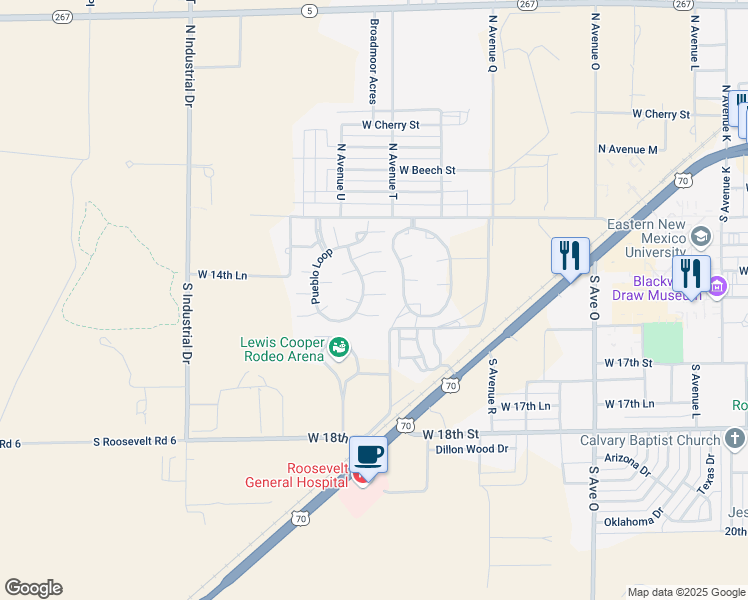 map of restaurants, bars, coffee shops, grocery stores, and more near 2157 San Miguel Court in Portales